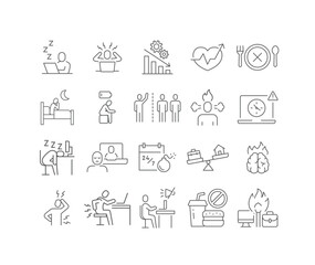 Remote Work Fatigue and Stress Editable Stroke Icons Showing Burnout, Deadline Pressure, Posture Pain, Focus Loss, Anxiety, and Unhealthy Lifestyle in Thin Line Style