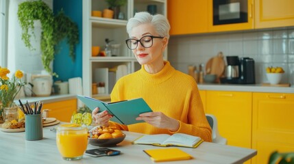 Senior Woman Enjoys Breakfast While Reading in Modern Kitchen