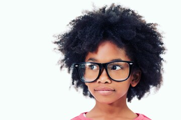 Close up of girl with frizzy hair wearing big glasses