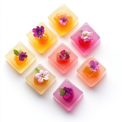 A different delicious jelly fruit sweets dessert, elegant, wobbly jelly cubes in a gradient of pastel colors like peach, lemon,