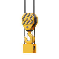 A yellow crane hook is suspended by cables, ready to lift heavy objects in various construction or industrial settings.