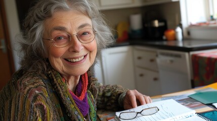 Smiling Elderly Woman with Glasses in Cozy Kitchen Environment