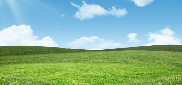 Fototapeta Flat design scene is showing rolling green hills stretching under bright blue sky with white clouds