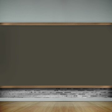 Fototapeta Flat vector interior is featuring large chalkboard with wood trim, white brick wall and plank floor