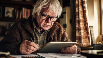 Thoughtful Elderly Man Working on Tablet in Cozy Home Office Setting