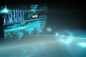 3D-render holographic dashboard is floating over floor in void, showing charts, gauges and data