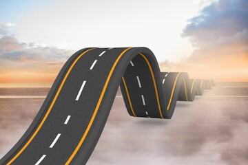 surreal aerial scene showing twisting asphalt road floating above clouds at sunrise in flat design