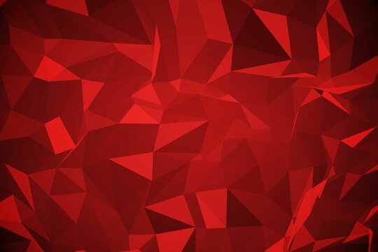 Abstract red low-poly polygonal pattern radiating across flat design backdrop in vector style