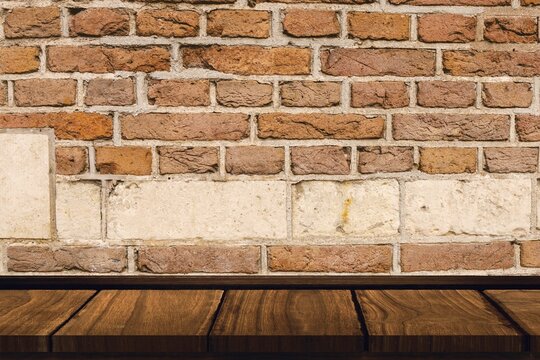 Fototapeta Textured brick wall and wooden plank surface are showing flat design rustic studio loft corner