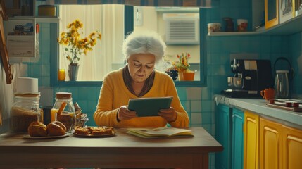 Thoughtful Senior Woman Enjoys Tablet in Bright Cozy Kitchen