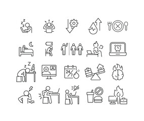 Remote Worker Fatigue Icon Set Featuring Burnout, Stress, Sleep Issues, Low Energy, Unhealthy Habits, and Mental Health Challenges in a Thin Line Style