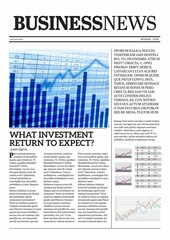 business newspaper front page layout showcasing flat design, serif masthead, bar chart, line graph © vectorfusionart