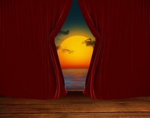 Opened red velvet curtains are framing stage floor with ocean sunset in flat design