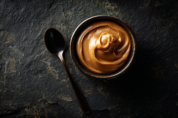Fototapeta premium a bowl of peanut butter with a spoon