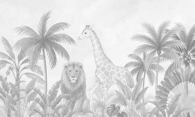 Timeless Wildlife Mural: Faded Brown Lion, Giraffe in Tropical Forest Scene for Kids Rooms © csinie1