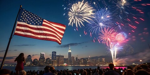 Fourth of july fireworks over new york city skyline