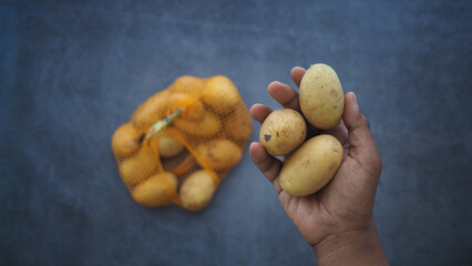 Hand holding fresh potatoes with a mesh bag in view