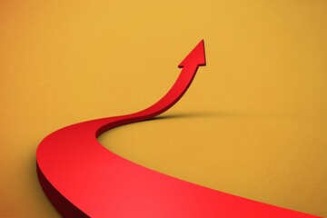 Stylized red 3D arrow is curving upward across flat mustard background, casting subtle shadow