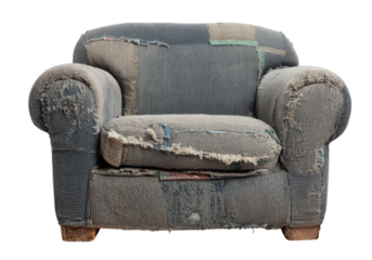 Worn patchwork armchair vintage fabric upholstery, On Transparent Background, Png Image