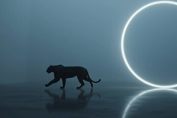 A black panther walks slowly past a glowing neon ring in a misty, futuristic space. The scene is sleek, dark, and cinematic with a cool, modern feel.