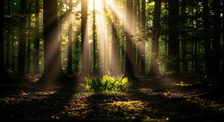 Obraz premium Sunbeams Illuminating a Mystical Forest Path A Breathtaking Nature Photography