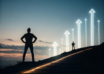 Leadership and growth concept in silhouette with artistic light streaks in double exposure, clean edge profile against transparent or light background, modern business aspiration, inspirational abstra