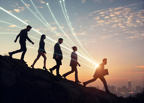 Leadership and growth concept in silhouette with artistic light streaks in double exposure, clean edge profile against transparent or light background, modern business aspiration, inspirational abstra