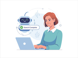 Woman Exploring Internet with AI Tools  SEO and Search Concept Vector
