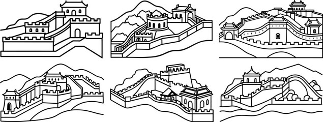 Naklejka premium Set of Great Wall of China line art drawing 