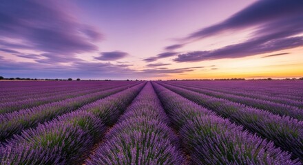 Obraz premium Enchanting Lavender Fields at Sunset A Breathtaking View of Purple Blossoms Under a Vivid Sky