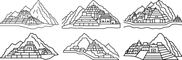 Set of  Machu Picchu outline vector illustrations
