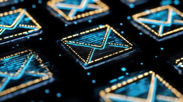 Email symbols glowing with electronic detail on black