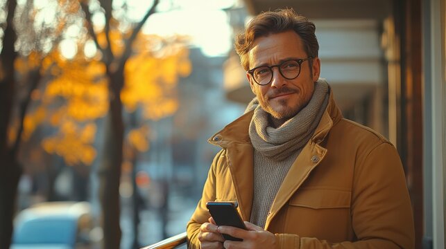 A Man Enjoying Autumn Weather Using His Phone Outdoors