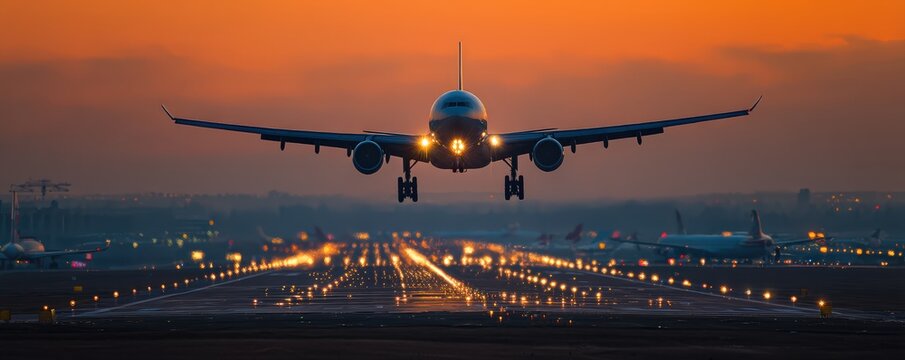 A commercial airplane is landing on a runway during sunset, with the airport lights illuminating the path and a vibrant orange sky in the background. - Powered by Adobe