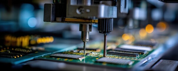 A close-up view of a precision machine soldering components on a green printed circuit board in an electronics manufacturing setting.