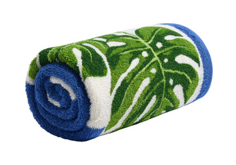 Rolled tropical monstera leaf beach towel blue green, On Transparent Background, Png Image