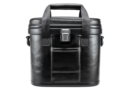 Black leather camera case portable travel bag stylish design, On Transparent Background, Png Image