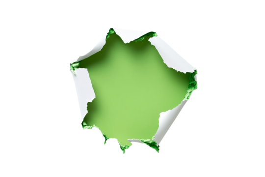 Green hole in paper ripped edges isolated on transparent background