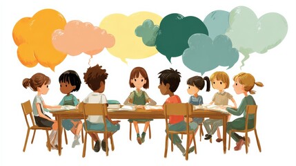A diverse group of children sit around a table, each with colorful speech bubbles representing their thoughts and conversations.