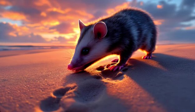 A curious opossum investigates a footprint on a sandy beach at sunset. Warm light bathes the scene.