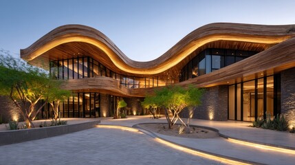 Naklejka premium Modern, curvaceous house facade with wooden accents.