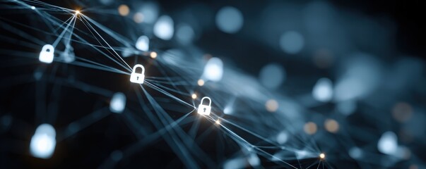 A digital network with interconnected nodes and padlock icons symbolizing cybersecurity and data protection in a futuristic, tech-driven environment.