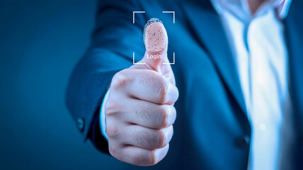 A close-up photograph of a hand wearing a dark business suit making a thumbs up gesture against a blurred dark blue background