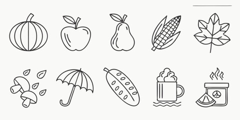A vibrant vector art collection of hand-drawn flowers, fruits, and vegetables, including apples, tomatoes, oranges, bananas, and green leaves, perfect for summer and autumn designs