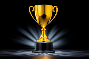 Golden Trophy Cup Award On Black Background With Light Rays
