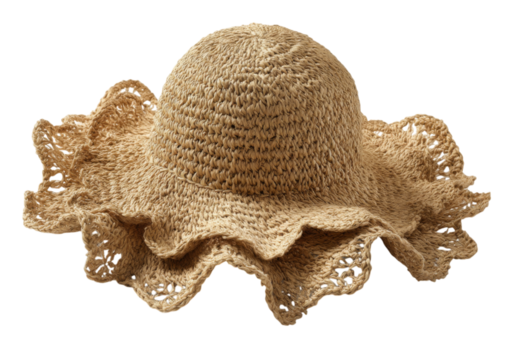 Elegant crochet straw sun hat with scalloped brim summer fashion accessory, On Transparent Background, Png Image