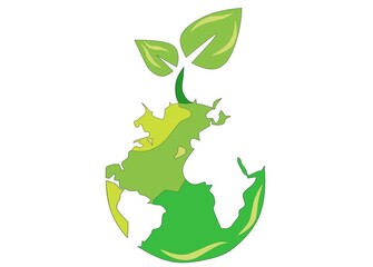 A stylized illustration depicting a vibrant green plant sprout growing directly from the top of a globe, ymbolizing lushness and environmental focus, while the sprout with two leaves signifies growth,