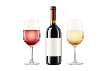 Wine bottle with rose and white wine glasses isolated on transparent background