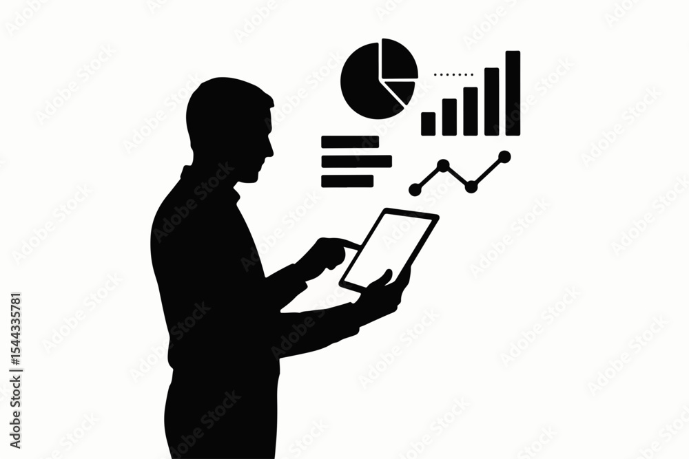 Poster silhouette of a person using a tablet to analyze data represented by bar graphs a pie chart and a li