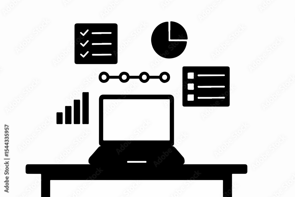 Poster black and white business data analysis presentation with laptop checklist pie chart progress chart a